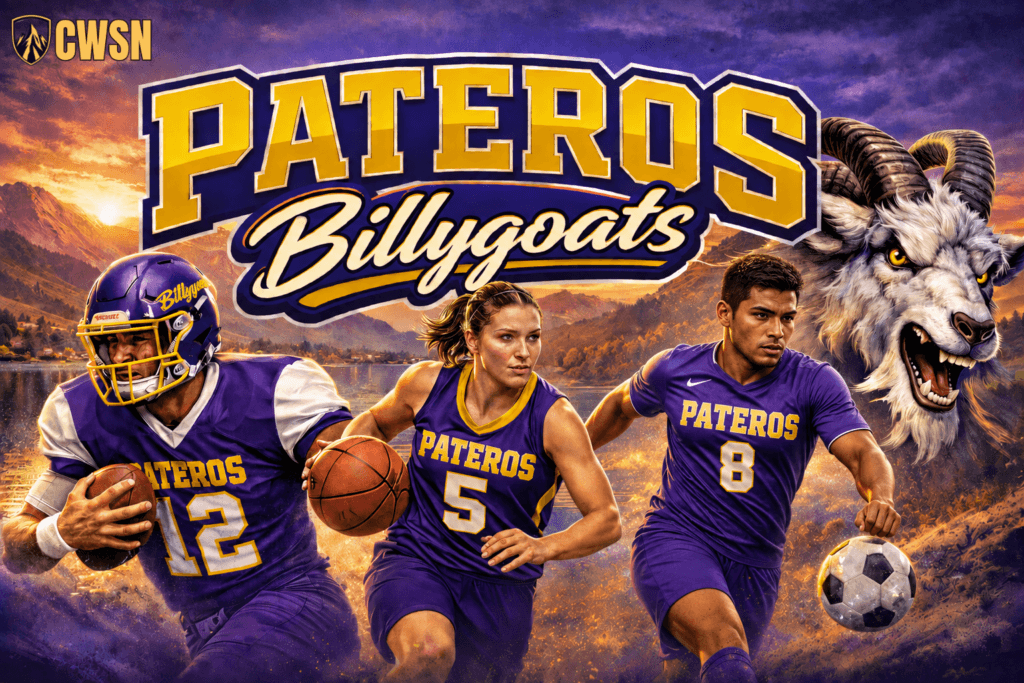 A dynamic CWSN sports banner for the Pateros Billygoats of Pateros, Washington. It features a football player wearing a purple helmet and jersey number 12 carrying a football, a female basketball player wearing number 5 driving with a basketball, and a male soccer player wearing number 8 controlling a soccer ball. A fierce mountain billygoat mascot head with curved horns sits in the upper right beside the large PATEROS BILLYGOATS text, with the scenic Columbia River confluence, rugged hills, and a vibrant sunset sky in the background.