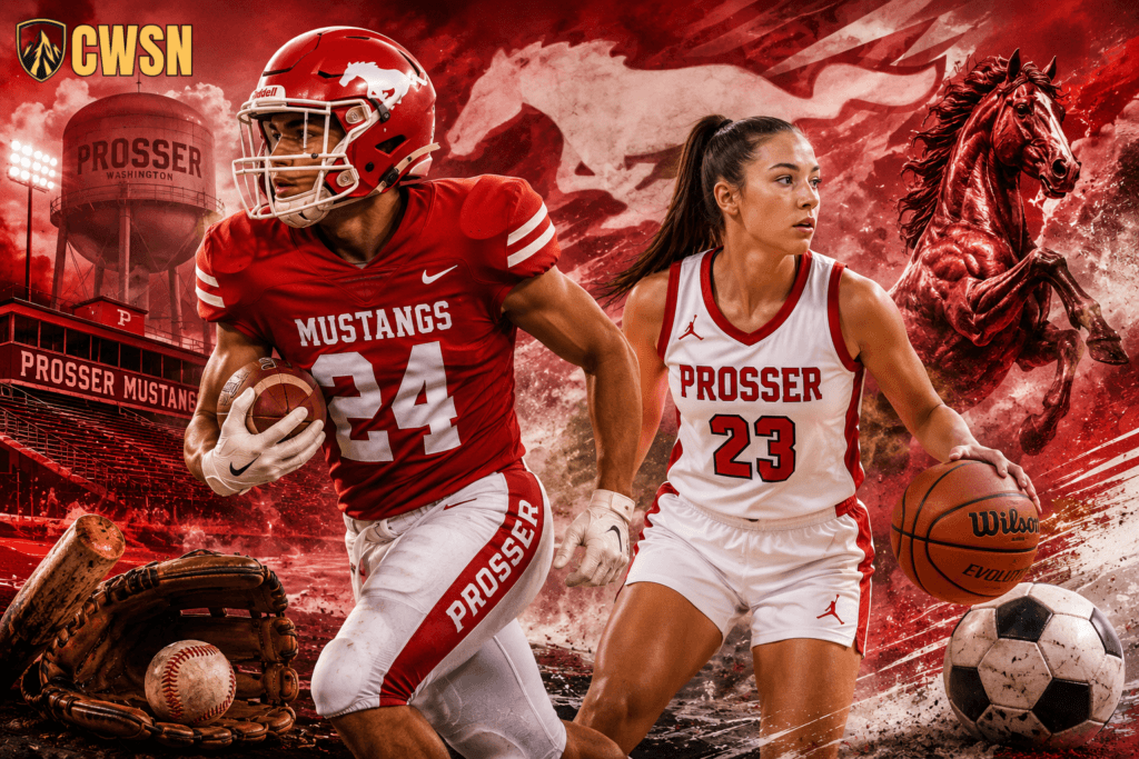 A dynamic CWSN sports banner for the Prosser Mustangs of Prosser, Washington. It features a football player wearing a red helmet with a white mustang logo and jersey number 24 running with a football, and a female basketball player wearing number 23 driving with a Wilson basketball. In the foreground sit a wooden bat, baseball glove, baseball, and soccer ball. A rearing wild mustang stallion and a running mustang silhouette feature prominently on the right against a dramatic red backdrop with stadium grandstands and the Prosser Washington water tower.