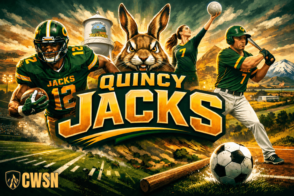 A dynamic CWSN sports banner for the Quincy Jacks of Quincy, Washington. It features a football player wearing a green helmet and jersey number 12 running with a football, a female volleyball player wearing number 7 serving a volleyball, and a baseball player wearing a green helmet and number 7 in a batting stance. A large jackrabbit mascot head with tall ears sits in the center above the text, with a Quincy water tower, mountain peaks, farmland, and a soccer ball in the foreground under a dramatic golden sky.