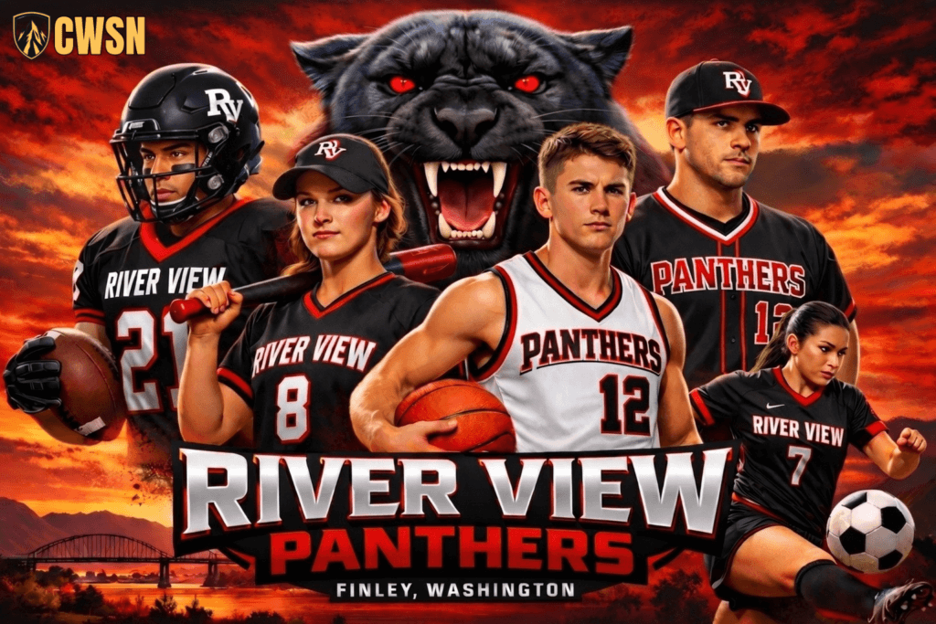 A dynamic CWSN sports banner for the River View Panthers of Finley, Washington. It features a football player wearing number 21, a softball player, a basketball player wearing number 12, a baseball player wearing number 12, a soccer player wearing number 7, a fierce central black panther mascot face, with a river, bridge, and sunset landscape in the background.