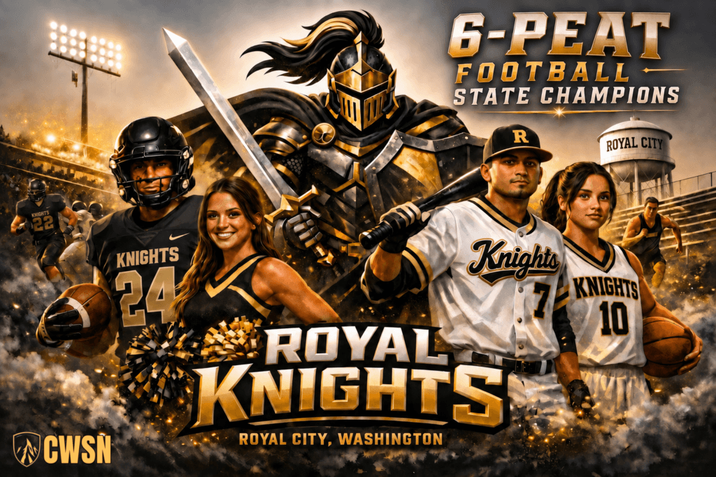 A dynamic CWSN sports banner for the Royal Knights of Royal City, Washington. It features a football running back wearing a black helmet and jersey number 24 carrying a football, a cheerleader holding black and gold pom-poms, a baseball player wearing jersey number 7 holding a bat over his shoulder, a female basketball player wearing number 10 holding a basketball, and a track runner in the background. An armored knight mascot wielding a broadsword stands prominently in the center beneath bold text reading '6-PEAT FOOTBALL STATE CHAMPIONS', with stadium lights, bleachers, and the Royal City water tower set against a cloudy twilight sky.