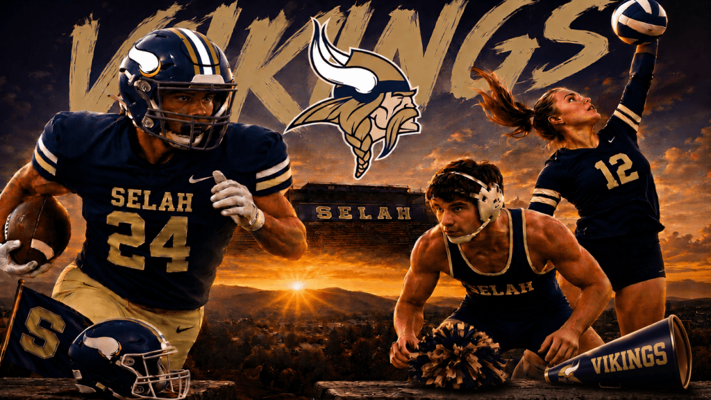 A dynamic sports banner for the Selah Vikings of Selah, Washington. It features a football player wearing a navy blue helmet with Viking horns and jersey number 24 charging forward, a wrestler in headgear in a low grappling stance, and a female volleyball player wearing number 12 reaching up to strike a volleyball. A gold and navy Viking head profile logo sits in the top center above stadium bleachers bearing the name SELAH, with pom-poms, a megaphone, and a football helmet in the foreground against a radiant sunset sky over surrounding hills.