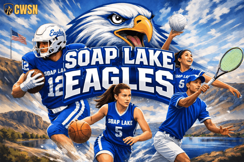 A dynamic CWSN sports banner for the Soap Lake Eagles of Soap Lake, Washington. It features a football player wearing a white helmet and blue jersey number 12 running with a football, a female basketball player wearing number 5 dribbling, a tennis player in a blue cap swinging a tennis racket, and a female volleyball player wearing number 5 holding a volleyball up to serve. A fierce bald eagle mascot head sits in the upper center above the SOAP LAKE EAGLES text, with the scenic Soap Lake mineral waters, basalt coulee cliffs, an American flag, and water splashes under a bright blue sky.