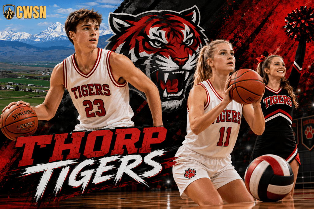 A dynamic CWSN sports banner for the Thorp Tigers of Thorp, Washington. It features a male basketball player wearing a white and red jersey with number 23 dribbling a basketball on the left, a female basketball player wearing number 11 preparing to shoot a free throw in the center, and a cheerleader holding a red and black pom-pom on the right next to a volleyball on the court floor. A fierce roaring red and black tiger mascot head sits in the upper center above the distressed THORP TIGERS text, with snow-capped Cascade mountain peaks, the Kittitas Valley farmland, and a gym court floor in the background.