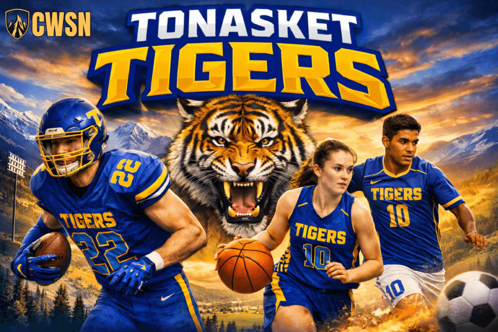 A dynamic CWSN sports banner for the Tonasket Tigers of Tonasket, Washington. It features a football player wearing a blue helmet with a yellow letter T and jersey number 22 running with a football, a female basketball player wearing number 10 dribbling a basketball, and a male soccer player wearing number 10 running toward a soccer ball. A fierce roaring tiger mascot head sits in the center against a background of snow-capped mountains, valleys, pine trees, and stadium lights under a bright sunset sky.