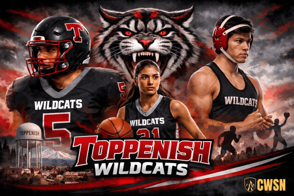A dynamic CWSN sports banner for the Toppenish Wildcats of Toppenish, Washington. It features a football player wearing number 5, a basketball player, a wrestler in headgear, a fierce central wildcat mascot face, with the Toppenish water tower, a mountain, town landscape, and athlete silhouettes in the background.