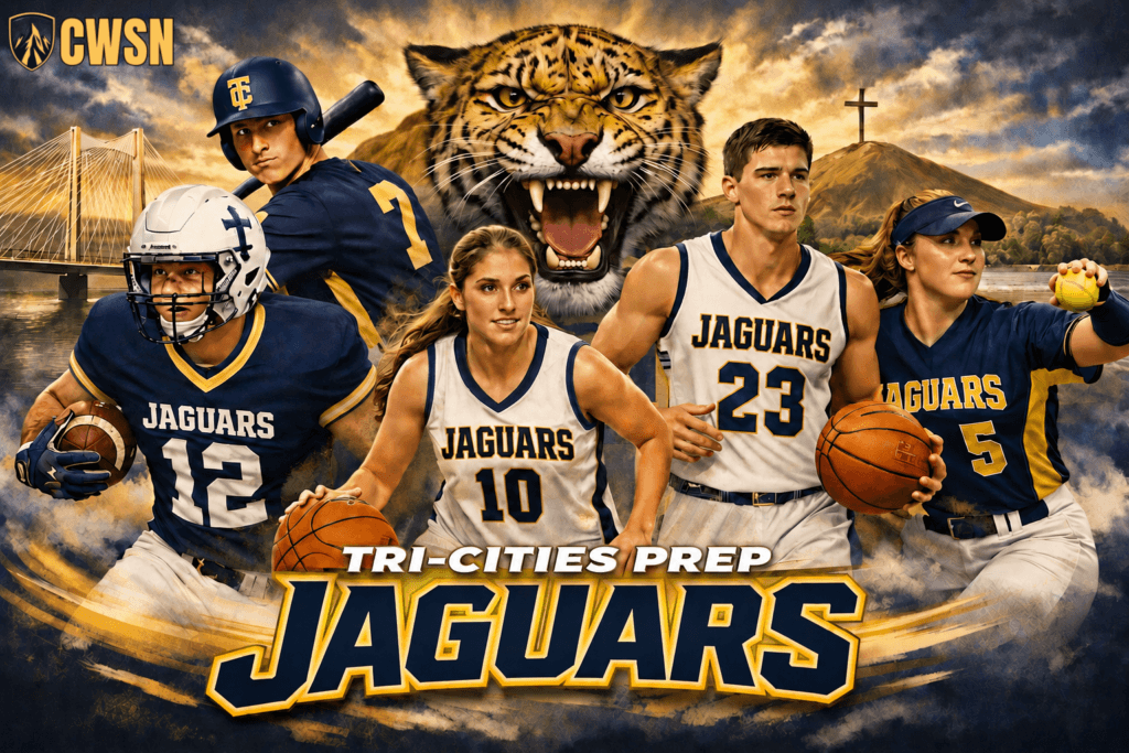 A dynamic CWSN sports banner for the Tri-Cities Prep Jaguars of Pasco, Washington. It features a football player wearing a white helmet with a blue cross decal and jersey number 12 running with a football, a baseball player wearing jersey number 7 holding a bat, a female basketball player wearing number 10, a male basketball player wearing number 23 holding a basketball, and a female softball player wearing number 5 holding a yellow softball. A fierce roaring jaguar mascot head sits in the center background, with a prominent cable-stayed bridge over a river on the left, and a hillside featuring a large Christian cross on the right under a cloudy twilight sky.