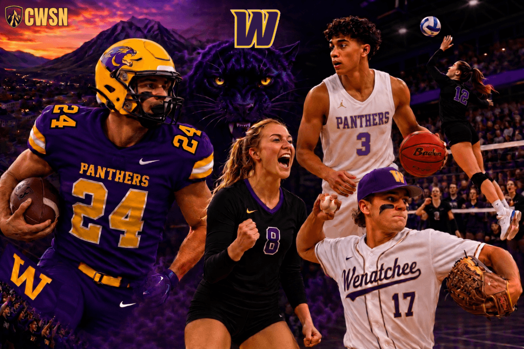 A dynamic CWSN sports banner for the Wenatchee Panthers of Wenatchee, Washington. It features a football player wearing a gold helmet and purple jersey number 24 carrying a football, a celebrating female athlete wearing number 8, a male basketball player wearing white jersey number 3 holding a basketball, a baseball pitcher wearing number 17 winding up to throw, and a female volleyball player wearing number 12 serving in the background. A stealthy black panther head with glowing yellow eyes lurks in the center beneath a gold block letter W logo, set against purple twilight mountains and a stadium crowd.