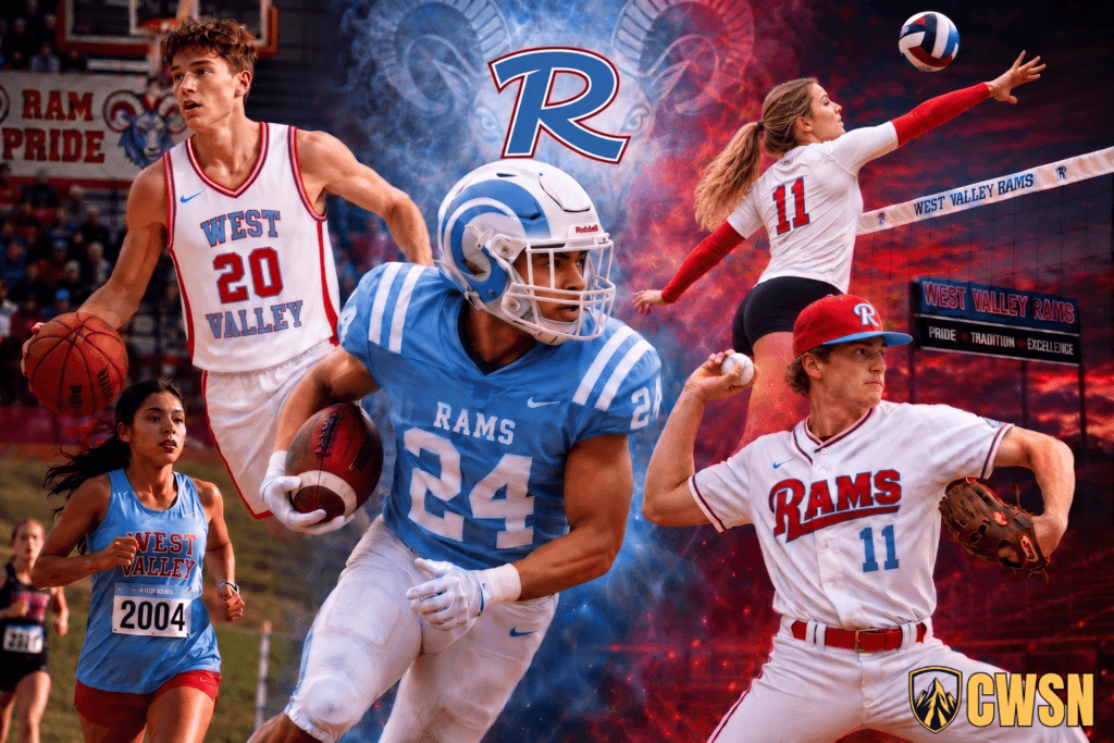 A dynamic CWSN sports banner for the West Valley Rams of Yakima, Washington. It features a central football player wearing a light blue helmet with white ram horns and jersey number 24 running with a football, a male basketball player wearing white and red jersey number 20, a female runner wearing bib number 2004, a female volleyball player wearing number 11 reaching to spike a volleyball over a net, and a baseball pitcher wearing number 11 throwing a baseball. A blue and red letter R logo and a ram mascot head silhouette sit in the top center against a dramatic blue and red energetic background.