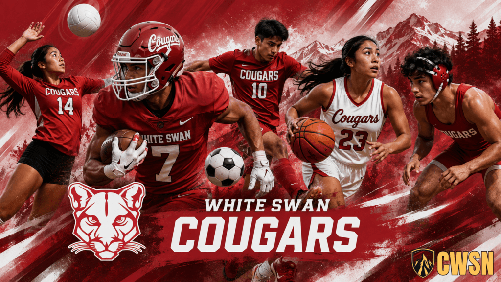A dynamic CWSN sports banner for the White Swan Cougars of White Swan, Washington. It features a volleyball player wearing number 14, a football player wearing number 7, a soccer player wearing number 10, a basketball player wearing number 23, and a wrestler in headgear. A red cougar mascot logo is in the bottom left corner, with mountains and trees in the textured red background.