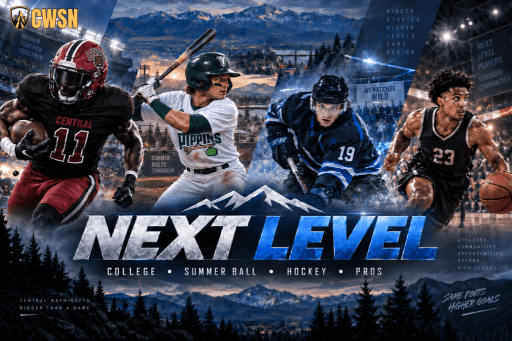 CWSN Next Level graphic featuring Central Washington college football, Yakima Valley Pippins baseball, Wenatchee Wild hockey, and Wenatchee Valley College Basketball.