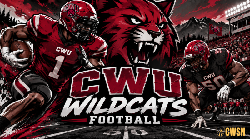 Stylized graphic of two Central Washington University (CWU) football players in action, featuring a large red wildcat head, a stadium background, and the Central Washington Sports Network (CWSN) watermark.
