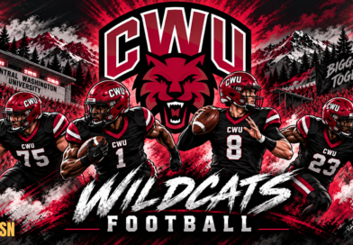 Stylized graphic of four Central Washington University (CWU) football players in black and crimson uniforms standing in front of the Wildcats logo and a packed stadium.