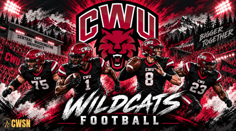Stylized graphic of four Central Washington University (CWU) football players in black and crimson uniforms standing in front of the Wildcats logo and a packed stadium.