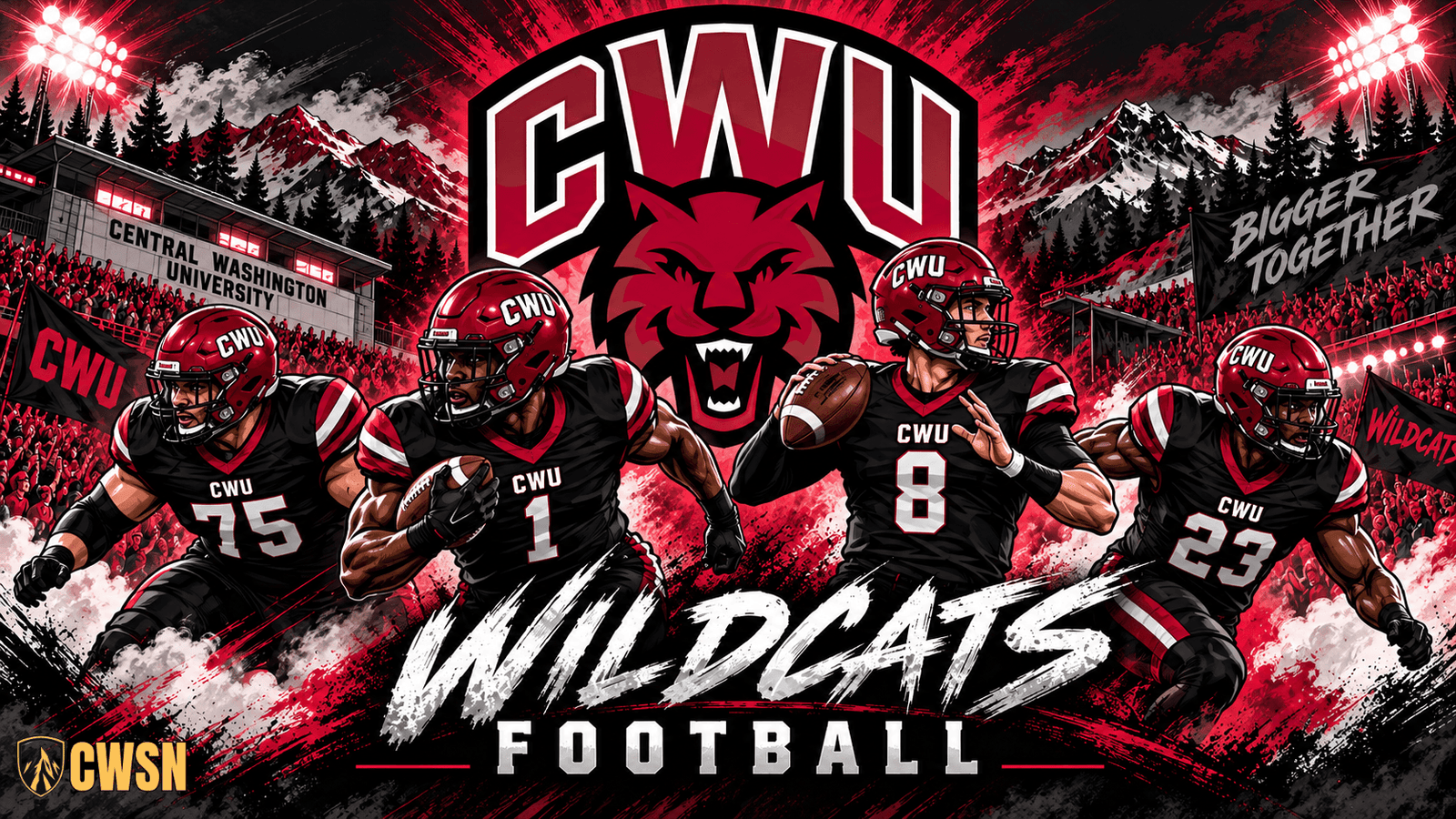 Stylized graphic of four Central Washington University (CWU) football players in black and crimson uniforms standing in front of the Wildcats logo and a packed stadium.