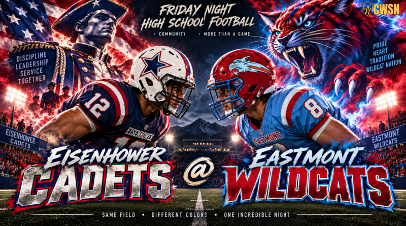 Split-screen high school football graphic showing an Eisenhower Cadets player in navy blue and red alongside a historical military figure and American flag facing off against an Eastmont Wildcats player in light blue and red with a fierce wildcat mascot. The graphic includes stadium lights, a mountain backdrop, and the text: Friday Night High School Football, Eisenhower Cadets @ Eastmont Wildcats, Discipline, Leadership, Service, Together, and Pride, Heart, Tradition, Wildcat Nation.