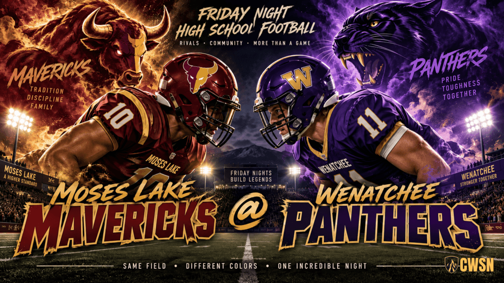 Split-screen high school football graphic showing a Moses Lake Mavericks player in maroon and gold alongside a fiery bull mascot facing off against a Wenatchee Panthers player in purple and gold with a fierce dark panther mascot. The graphic includes stadium lights and the text: Friday Night High School Football, Moses Lake Mavericks @ Wenatchee Panthers.