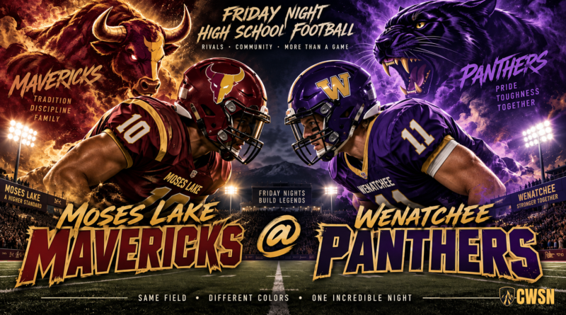 Split-screen high school football graphic showing a Moses Lake Mavericks player in maroon and gold alongside a fiery bull mascot facing off against a Wenatchee Panthers player in purple and gold with a fierce dark panther mascot. The graphic includes stadium lights and the text: Friday Night High School Football, Moses Lake Mavericks @ Wenatchee Panthers.