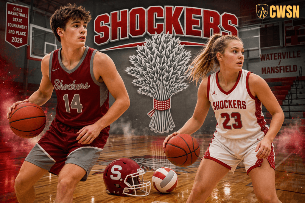 A dynamic CWSN sports banner for the Waterville/Mansfield Shockers of Waterville, Washington. It features a male basketball player wearing maroon jersey number 14 dribbling a basketball on the left, and a female basketball player wearing white and maroon jersey number 23 dribbling on the right. A crimson and white football helmet with an S logo and a volleyball rest on the gym floor in the foreground, with a large wheat shock logo beneath the bold text 'SHOCKERS' painted on the gym wall alongside bleachers and a state tournament banner in the background.
