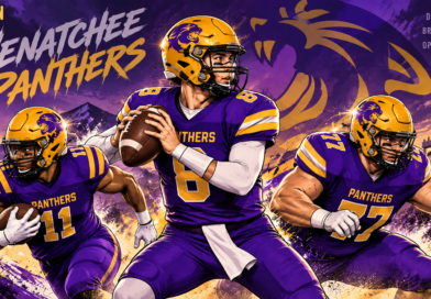 Illustration of three Wenatchee Panthers high school football players in purple and gold uniforms—a quarterback, running back, and lineman—set against a mountain backdrop and stadium lights, with text reading Wenatchee Panthers, Discipline, Brotherhood, and Opportunity.