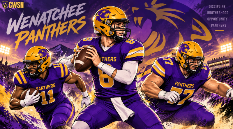Illustration of three Wenatchee Panthers high school football players in purple and gold uniforms—a quarterback, running back, and lineman—set against a mountain backdrop and stadium lights, with text reading Wenatchee Panthers, Discipline, Brotherhood, and Opportunity.