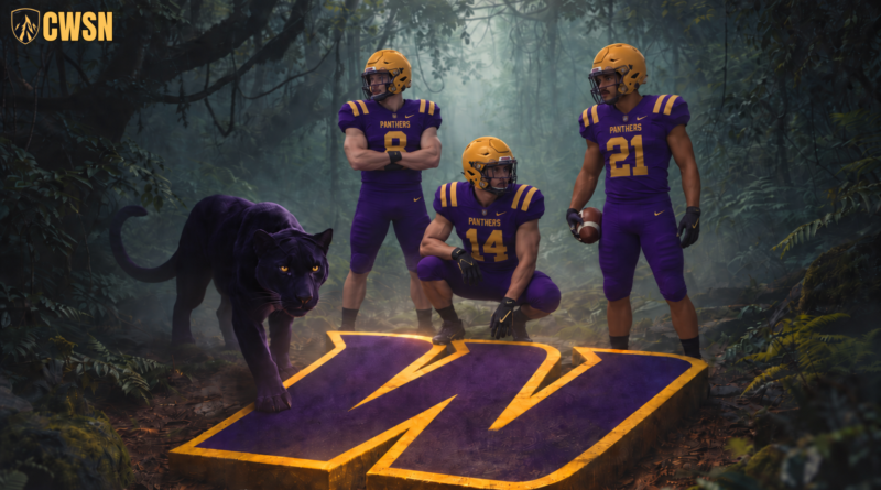 Illustration of three Wenatchee Panthers high school football players in purple and gold uniforms standing in a misty jungle. A large black panther prowls next to them, and the players are gathered around a giant, glowing 3D purple and gold letter W resting on the forest floor.