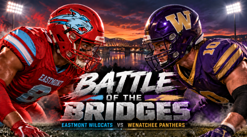 Split-screen high school football graphic showing an Eastmont Wildcats player in a red and light blue uniform and helmet facing off in a three-point stance against a Wenatchee Panthers player in purple and gold. The background features a vibrant sunset over a river with illuminated bridges and stadium lights. Bold text in the center reads Battle of the Bridges, Eastmont Wildcats vs Wenatchee Panthers.