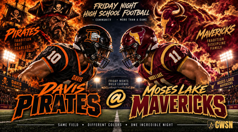 Split-screen high school football graphic showing a Davis Pirates player in black and orange alongside a fierce pirate captain and ship facing off against a Moses Lake Mavericks player in maroon and gold with a powerful bull mascot. The graphic includes a fiery sky, stadium lights, a mountain backdrop, and the text: Friday Night High School Football, Davis Pirates @ Moses Lake Mavericks, Pirates: Tradition, Grit, Fearless, and Mavericks: Tradition, Discipline, Family, alongside the CWSN logo.
