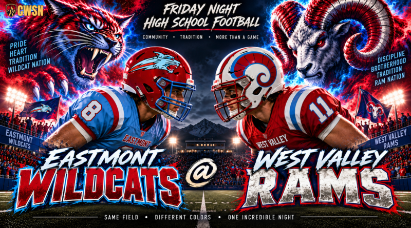 Split-screen high school football graphic showing an Eastmont Wildcats player in light blue and red alongside a fierce red and blue wildcat mascot facing off against a West Valley Rams player in red and white with a powerful ram mascot. The graphic includes stadium lights, a mountain backdrop, and the text: Friday Night High School Football, Eastmont Wildcats @ West Valley Rams, Pride, Heart, Tradition, Wildcat Nation, and Discipline, Brotherhood, Tradition, Ram Nation, alongside the CWSN logo.