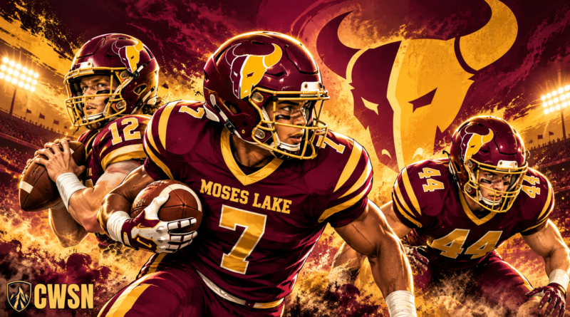 Illustration of three Moses Lake Mavericks high school football players in maroon and gold uniforms—a quarterback preparing to pass, a ball carrier wearing number 7 with "Moses Lake" across his chest, and a lineman lunging forward. The players are set against a fiery, energetic stadium background featuring bright lights and a large, stylized Maverick bull mascot logo.