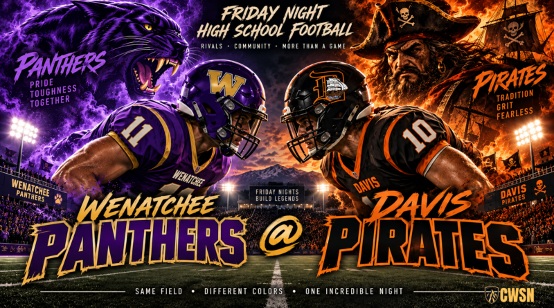 Split-screen high school football graphic showing a Wenatchee Panthers player in purple and gold alongside a fierce dark panther mascot facing off against a Davis Pirates player in black and orange with a menacing pirate captain and ship. The graphic includes stadium lights, a mountain backdrop, and the text: Friday Night High School Football, Wenatchee Panthers @ Davis Pirates, Panthers: Pride, Toughness, Together, and Pirates: Tradition, Grit, Fearless, alongside the CWSN logo.